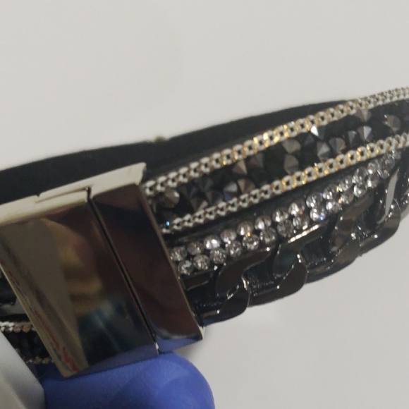 Elegant Black Bracelet Silver & Crystal Accents Magnetic Closure Women's Jewelry - Picture 3 of 5